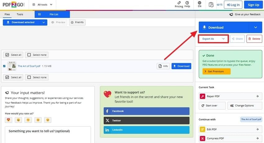 export and download from pdf2go